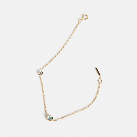 Sena gold bracelet with round aquamarine and white diamond minimalist chain March birthstone SHW handcrafted NYC jewelry