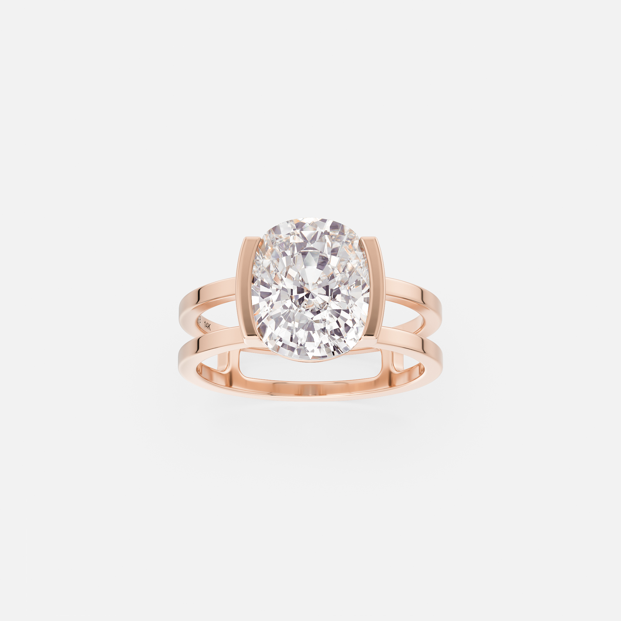 14k rose gold elongated cushion 3 carat diamond engagement ring with double band and tapering bezel