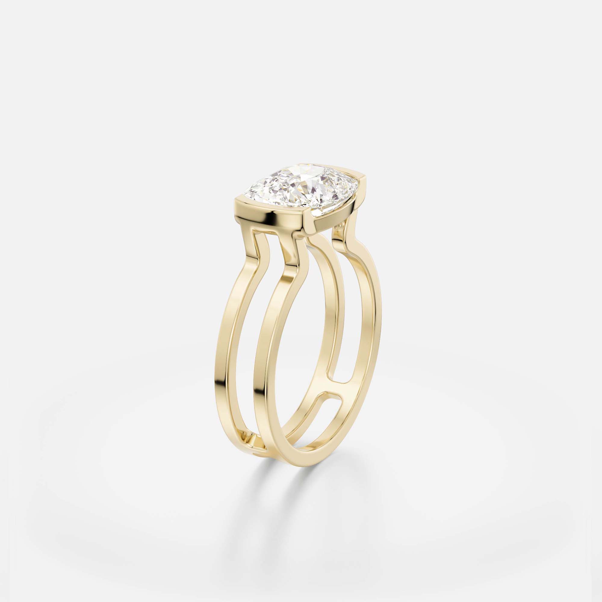 east-west cushion cut diamond engagement ring with open partial bezel and modern double band design