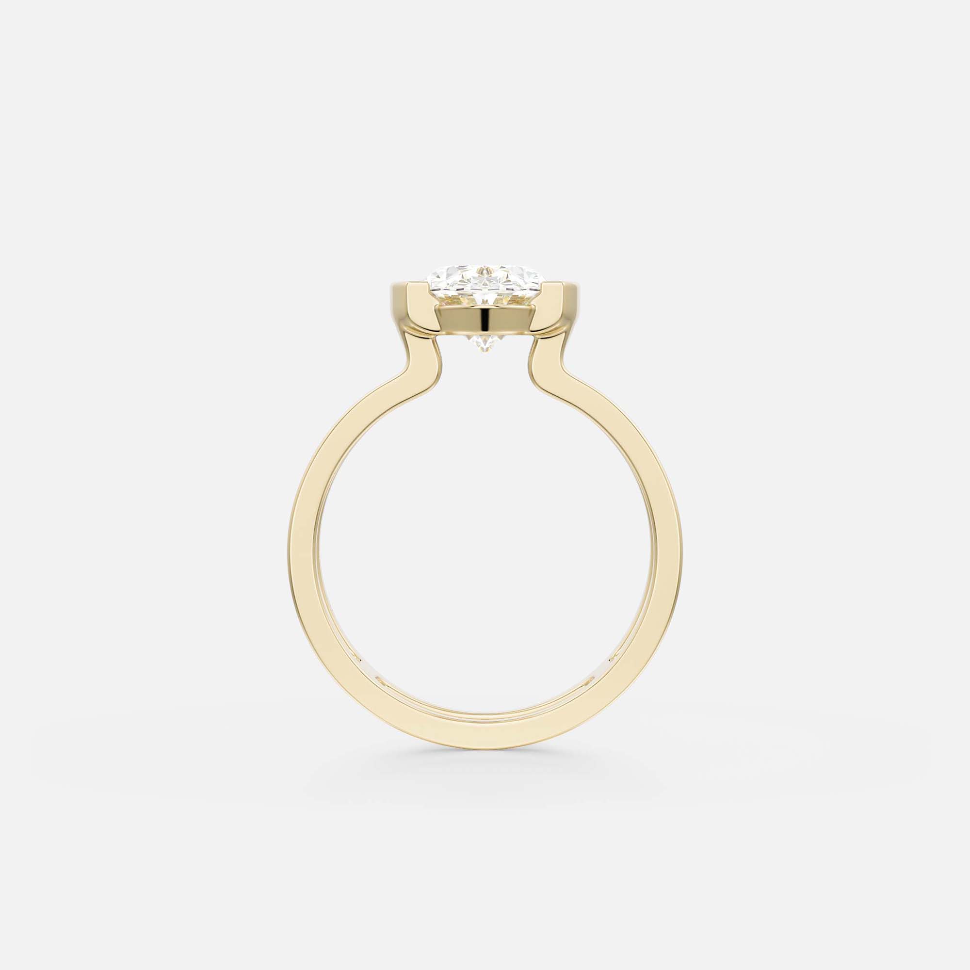 side view of elongated oval diamond engagement ring with double band and open partial bezel