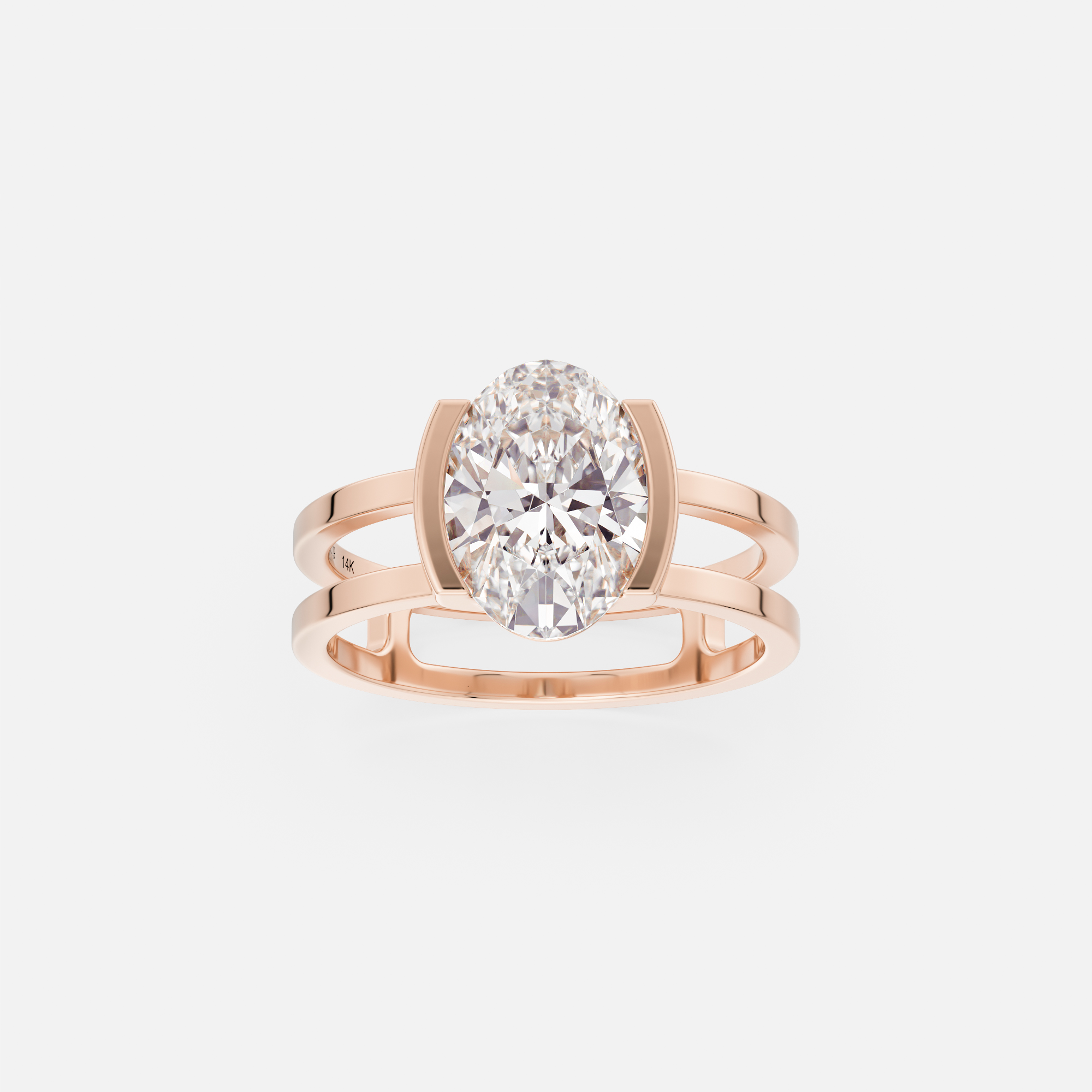 14k rose gold elongated oval 2 carat diamond engagement ring with double band and tapering bezel