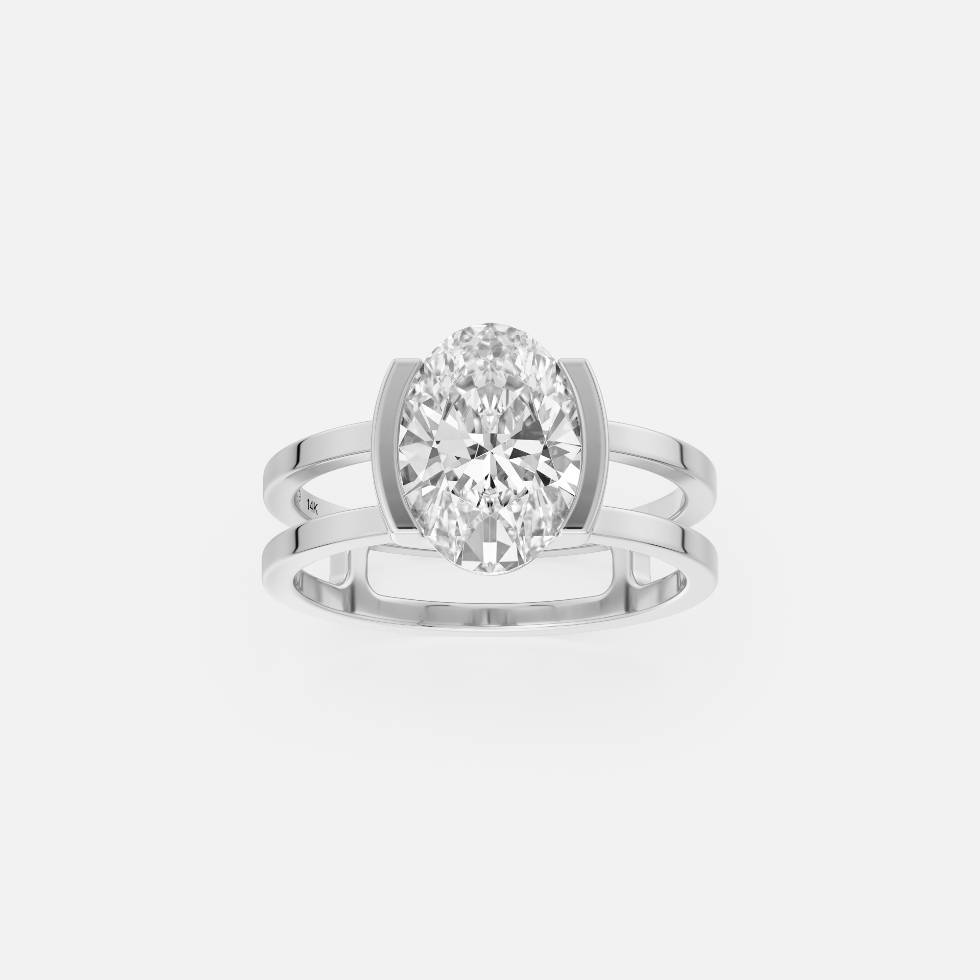 platinum 2.00 carat elongated oval diamond engagement ring with double band and open bezel