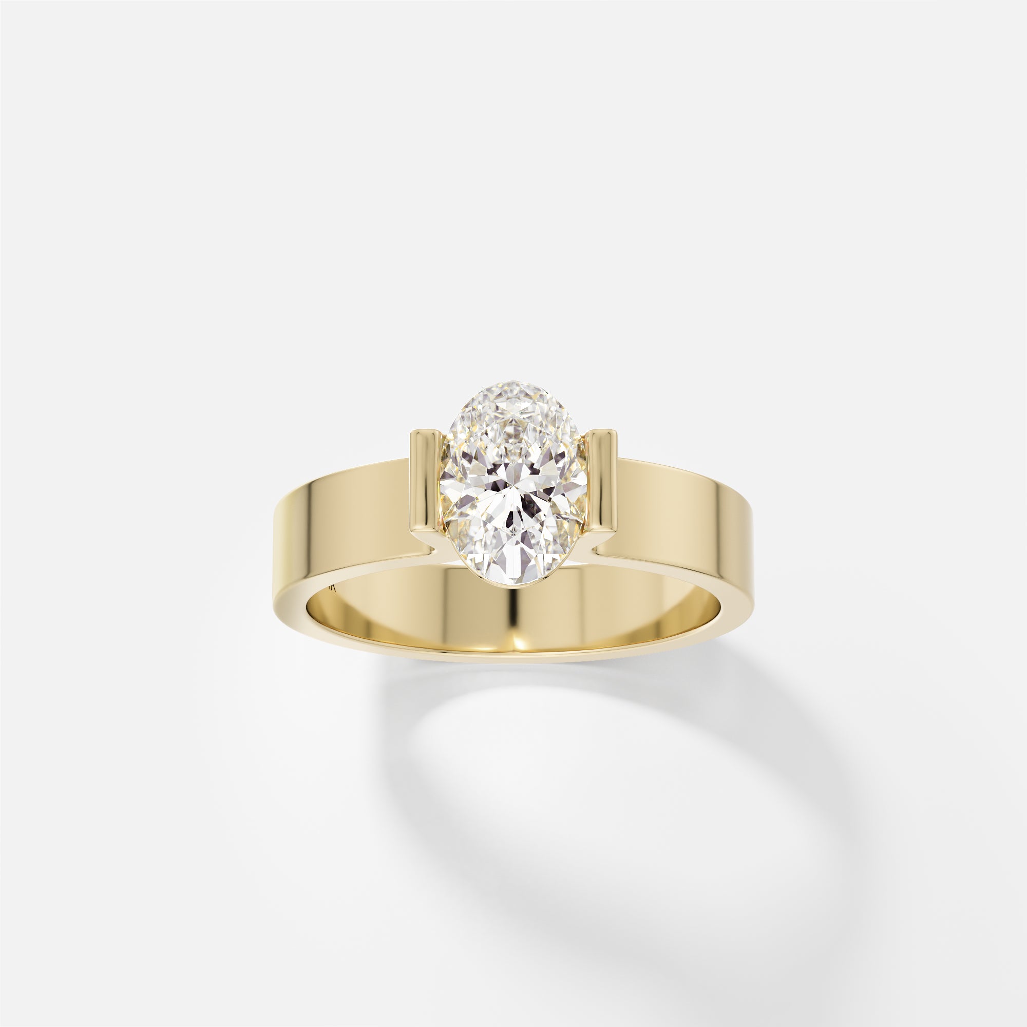 14k yellow gold wide flat band engagement ring with 1 carat oval diamond in partial bezel setting