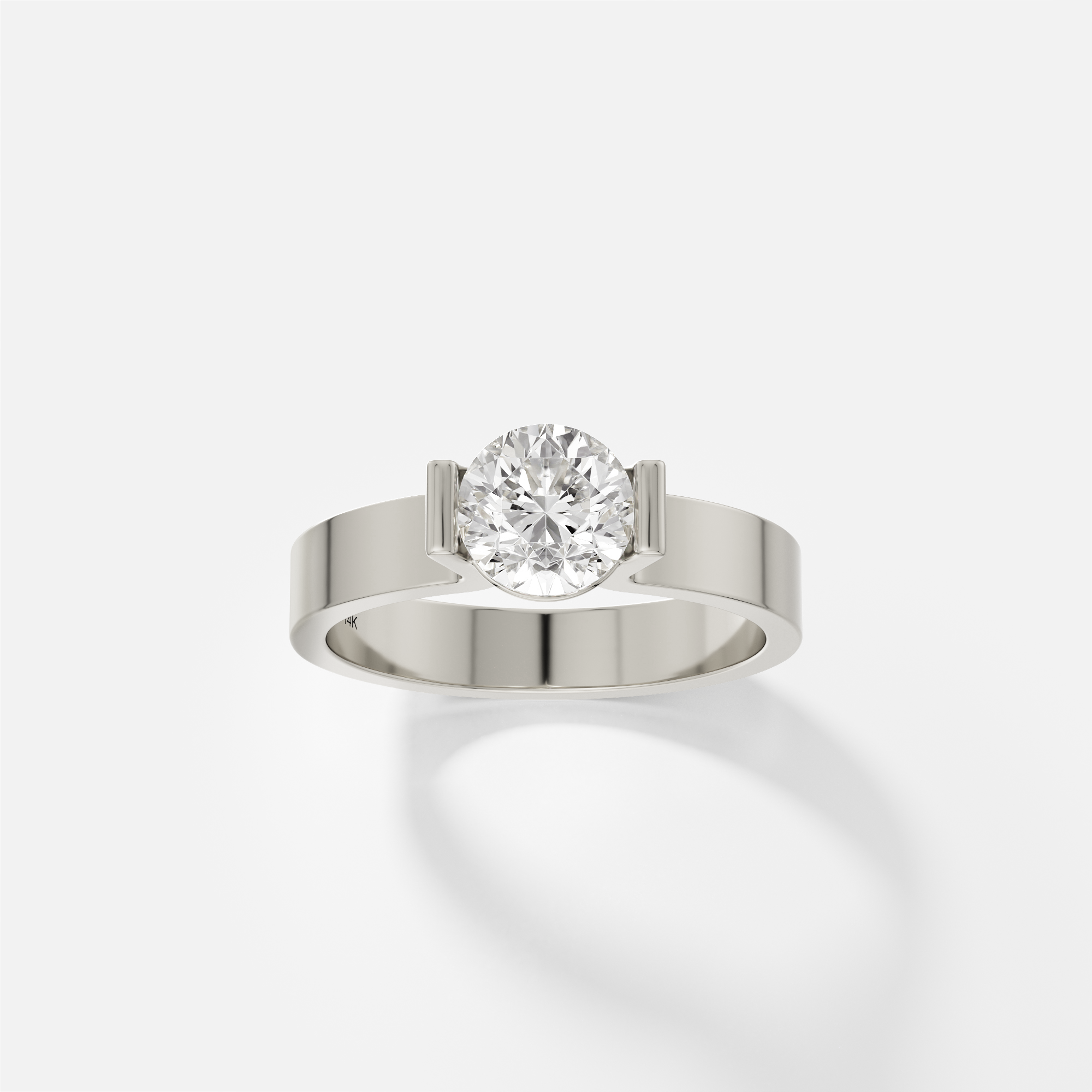 14k white gold wide flat band engagement ring with round diamond in partial bezel
