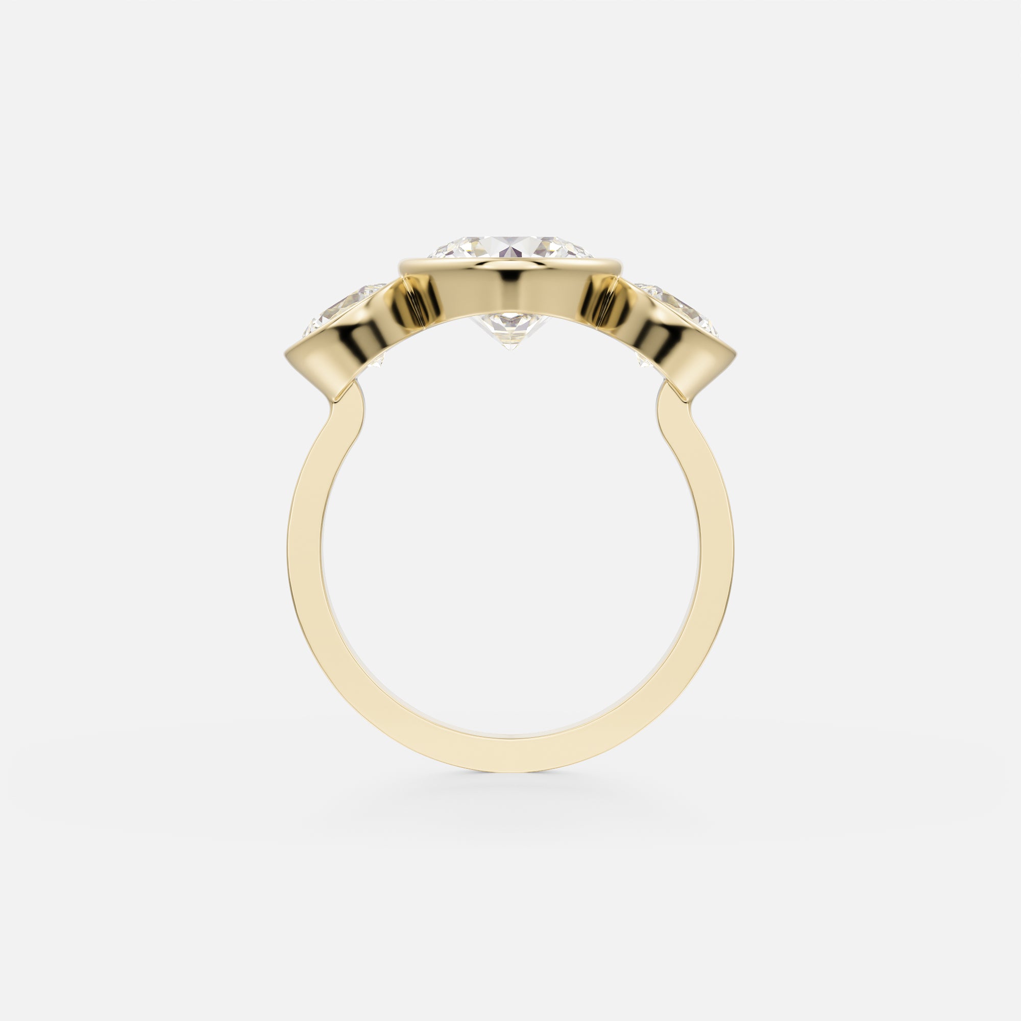 14 karat yellow gold engagement ring with 2.5 ct center diamond and two side diamonds in sculptural open setting