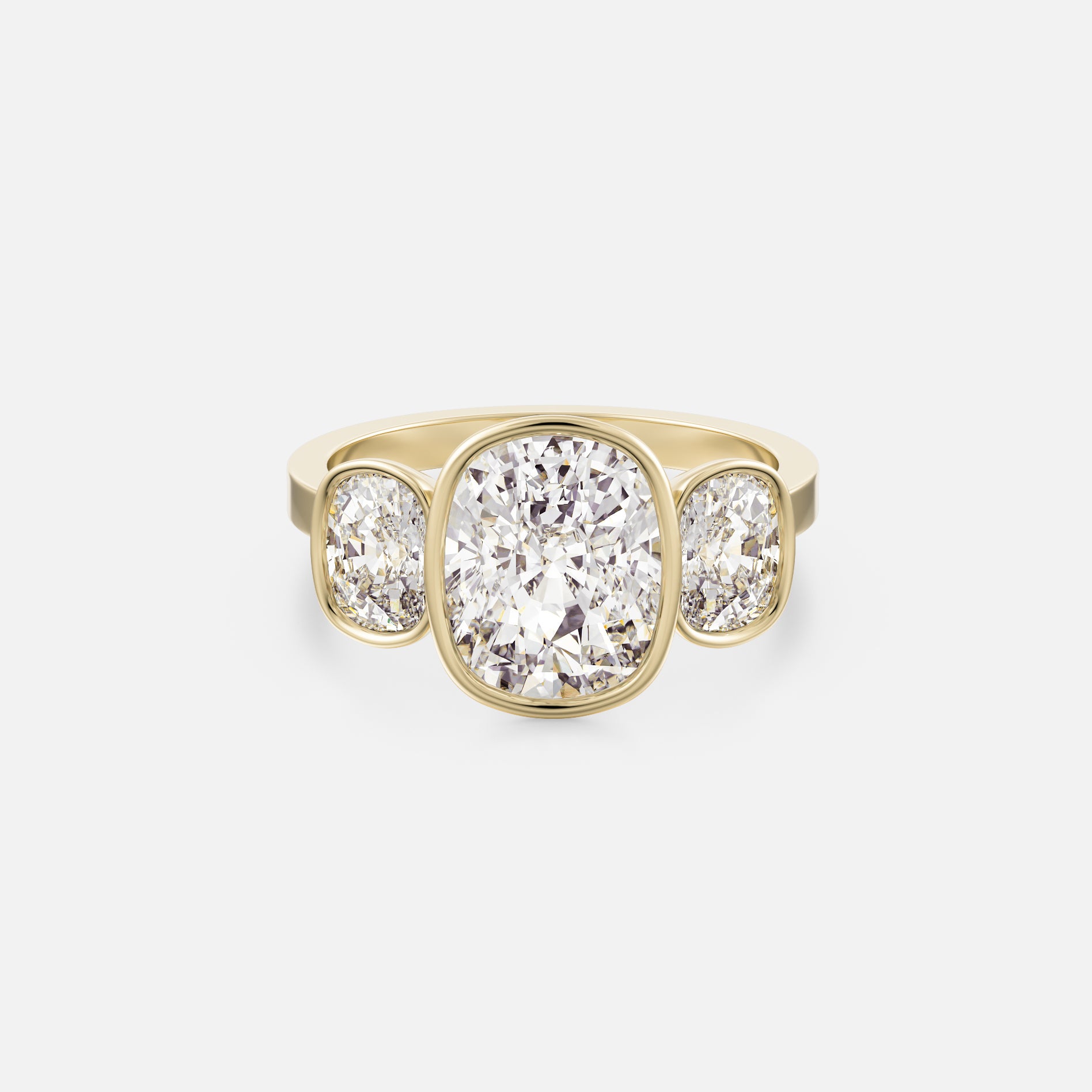 14k yellow gold three stone engagement ring with 3.50 carat elongated cushion center diamond and two elongated cushion side stones on flat band