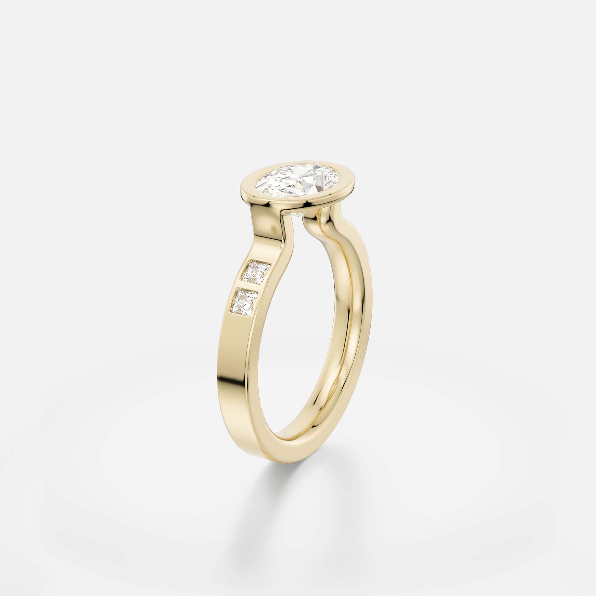 east west oval diamond engagement ring with princess-cut accent diamonds on sculptural flat profile band