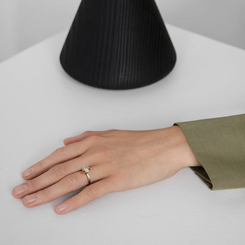 Contemporary modern round bezel engagement ring champagne diamond ruby sapphire 14k 18k gold platinum SHW NYC