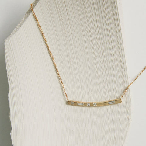 Erdo Unusual Necklace in 14k Gold set with Baguette and Princess cut diamonds By SHW Fine Jewelry NYC