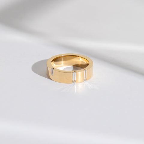 Modern Sculptural Wedding Band with embedded Baguette cut Diamonds set to edge in Solid 14 karat gold by SHW famous fine jewelry store NYC