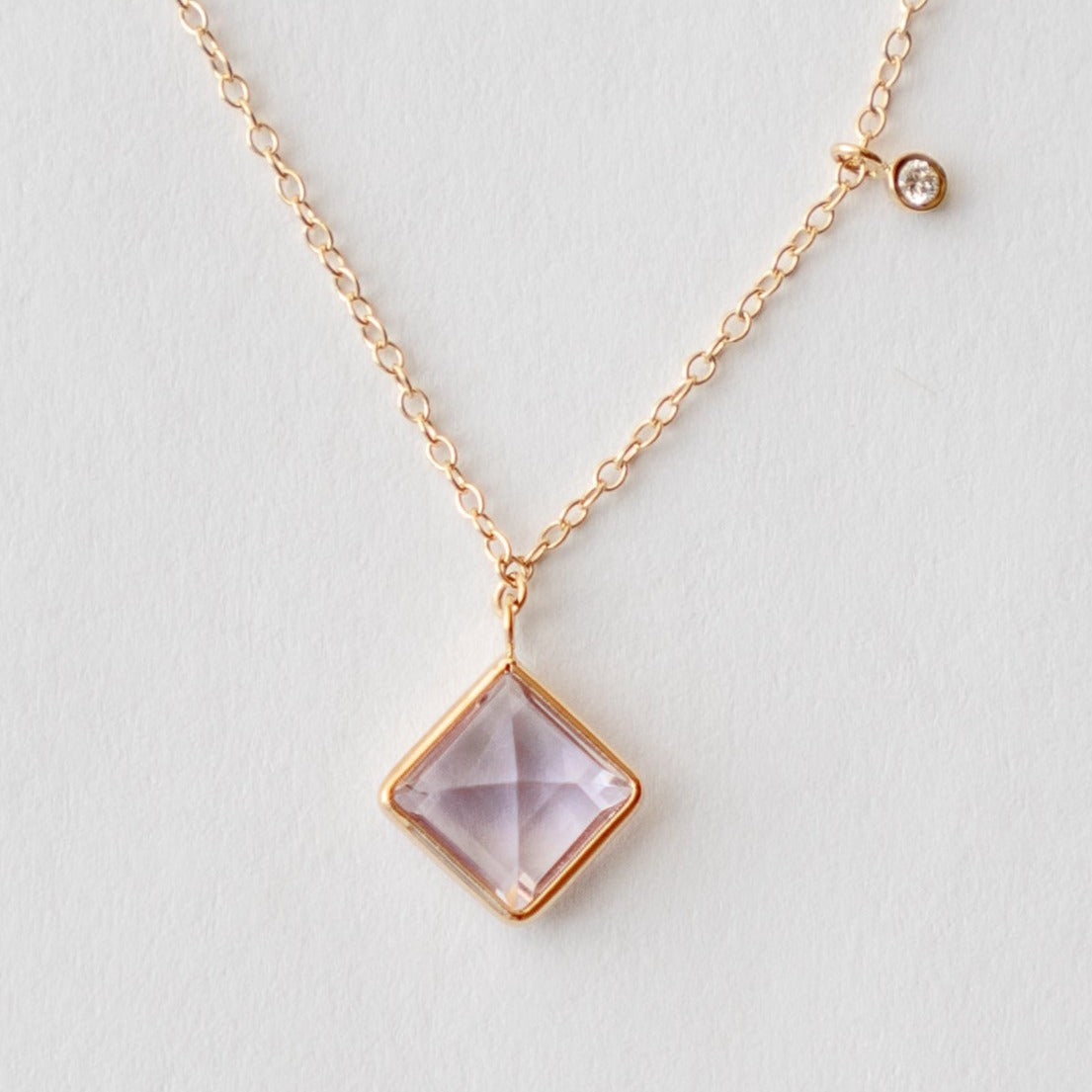 Delicate Tisa Necklace with Square amethyst and brilliant cut natural white diamond set in 14k yellow gold by SHW Fine Jewelry made in New York City