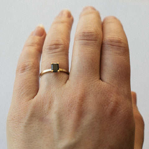 Inga Precious Ring in 14k Gold set with 0.78ct emerald cut black diamond by SHW Fine Jewelry NYC