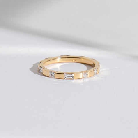Modern Wedding Ring with Eternity of Princess and Baguette cut Diamonds set to edge in Solid 14 karat gold by SHW fine jewelry shop NYC