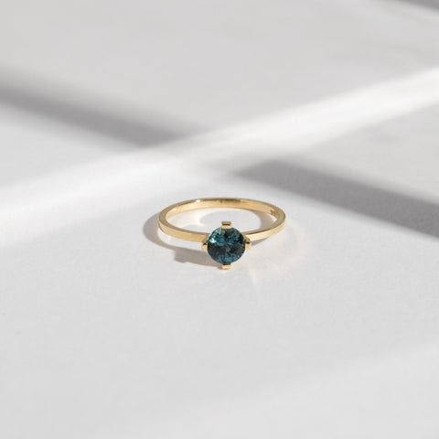 Ema Handmade Ring in 14k Gold set with a 0.8ct  round brilliant cut medium denim color sapphire By SHW Fine Jewelry NYC