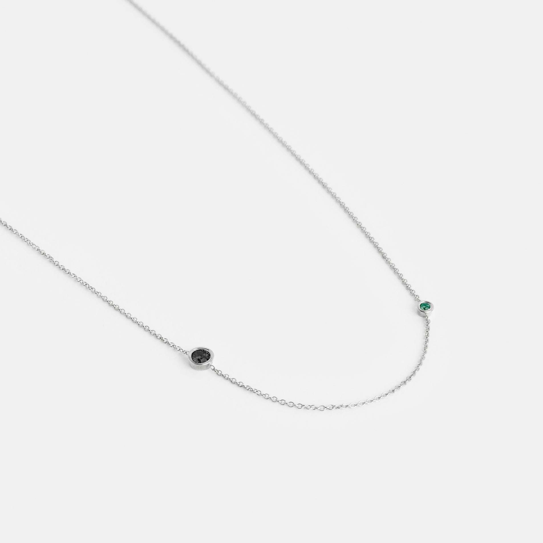Iba Minimalist Necklace in 14k White Gold set with Black Diamond and Emerald By SHW Fine Jewelry NYC