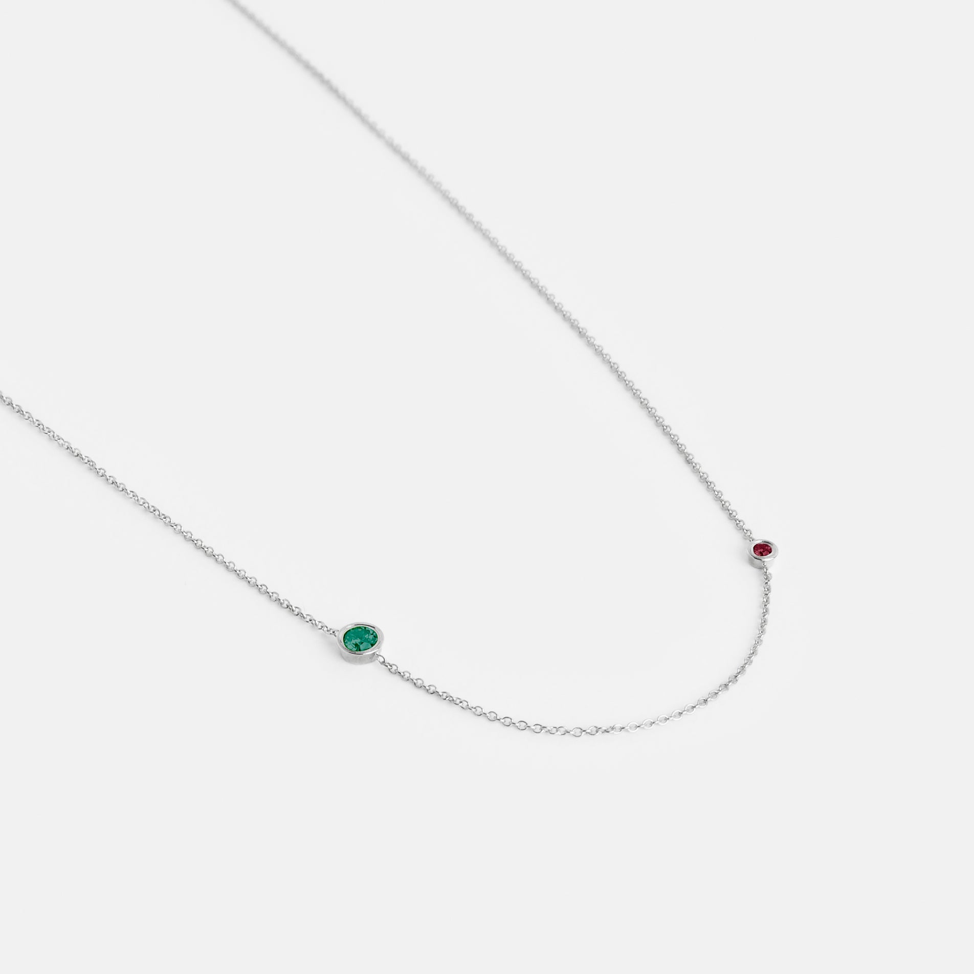 Iba Minimalist Necklace in 14k White Gold set with Ruby and Emerald By SHW Fine Jewelry NYC