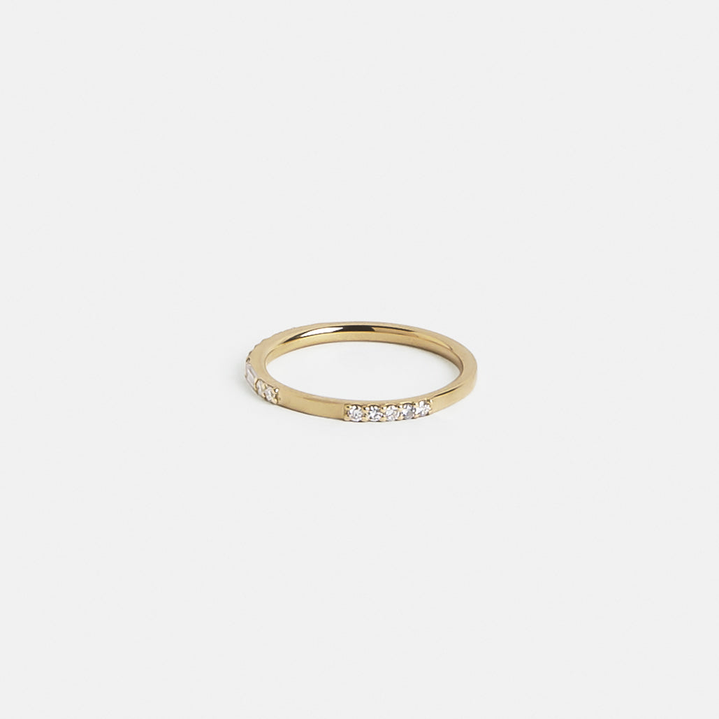 Minimal Thin Wedding Band with Asymmetrical rows of natural white diamonds with pave setting in solid 14k gold by SHW fine jewelry in NYC