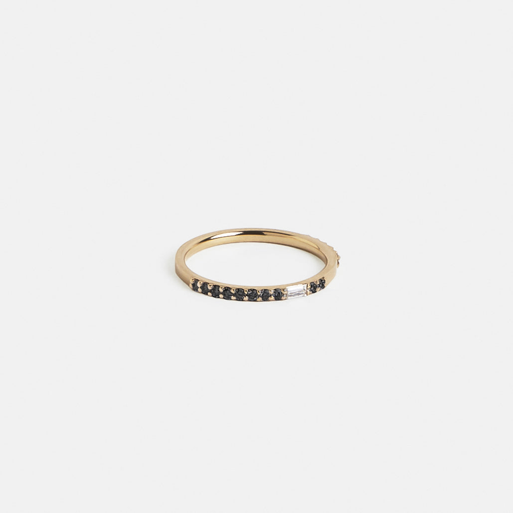 Modern Thin Womens Wedding Band for Stacking with rows of black and white mined diamonds in solid 14k, 18k gold by SHW fine jewelry in NYC