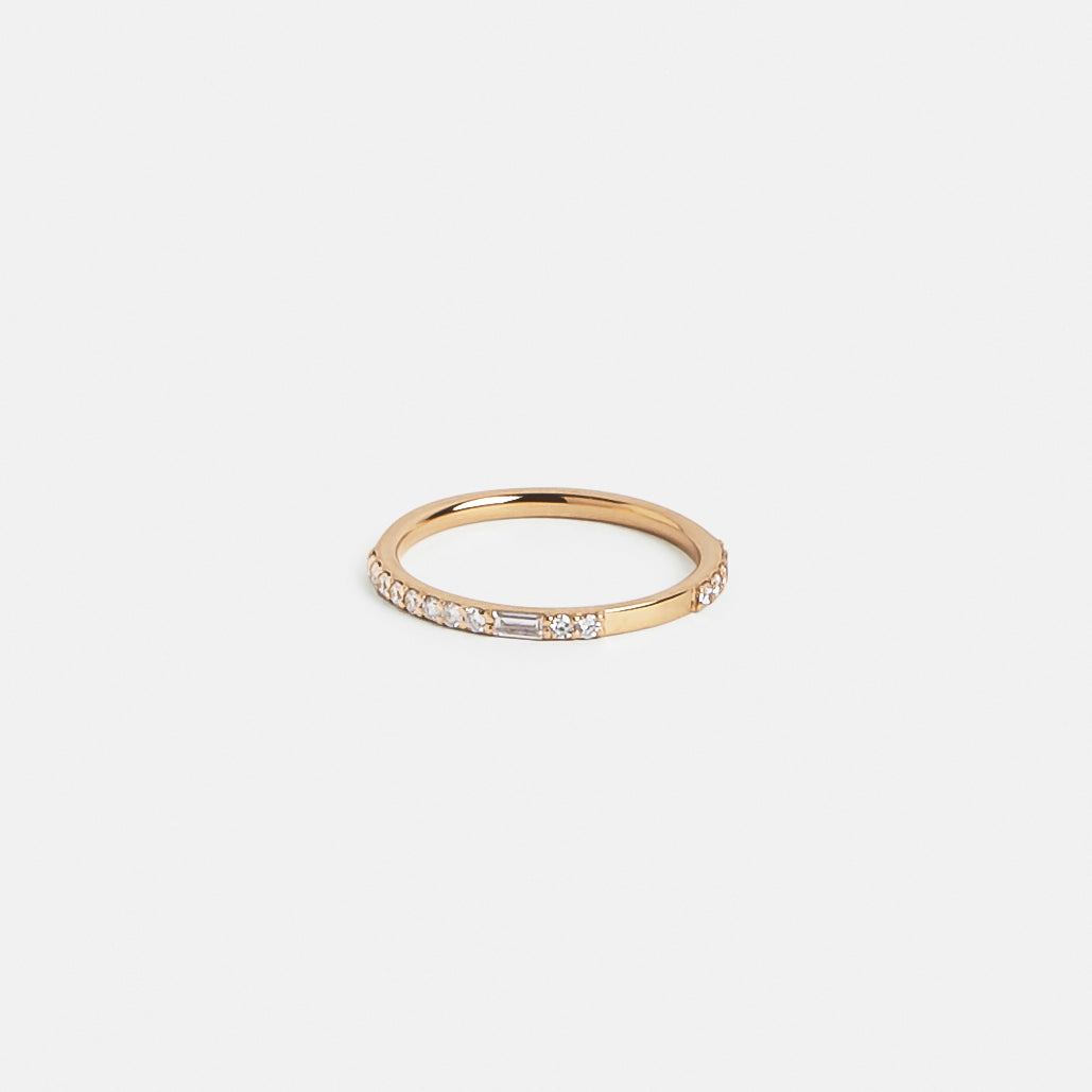 Simple Thin Womens Wedding Band for Stacking with Asymmetrical rows of natural white diamonds in solid 14k gold by SHW fine jewelry in NYC