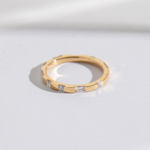 Mimimal Thin Womens Engagement Band with Princess and Baguette Cut Diamonds all around in solid 14k yellow gold SHW fine jewelry store NYC