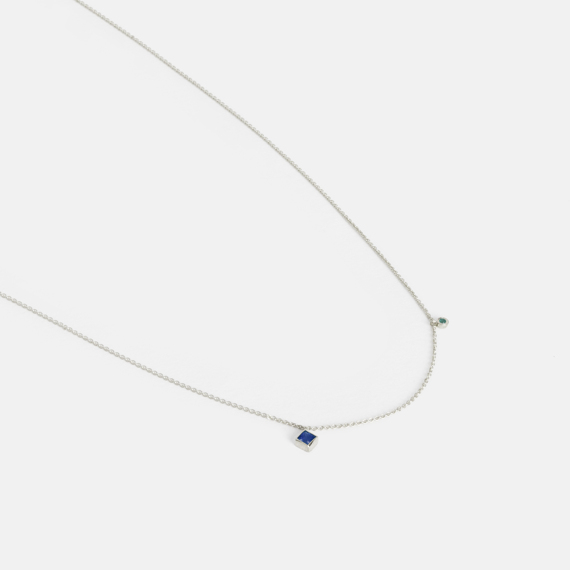  Ibi Thin Necklace in 14k White Gold set with Emerald and Sapphire By SHW Fine Jewelry NYC