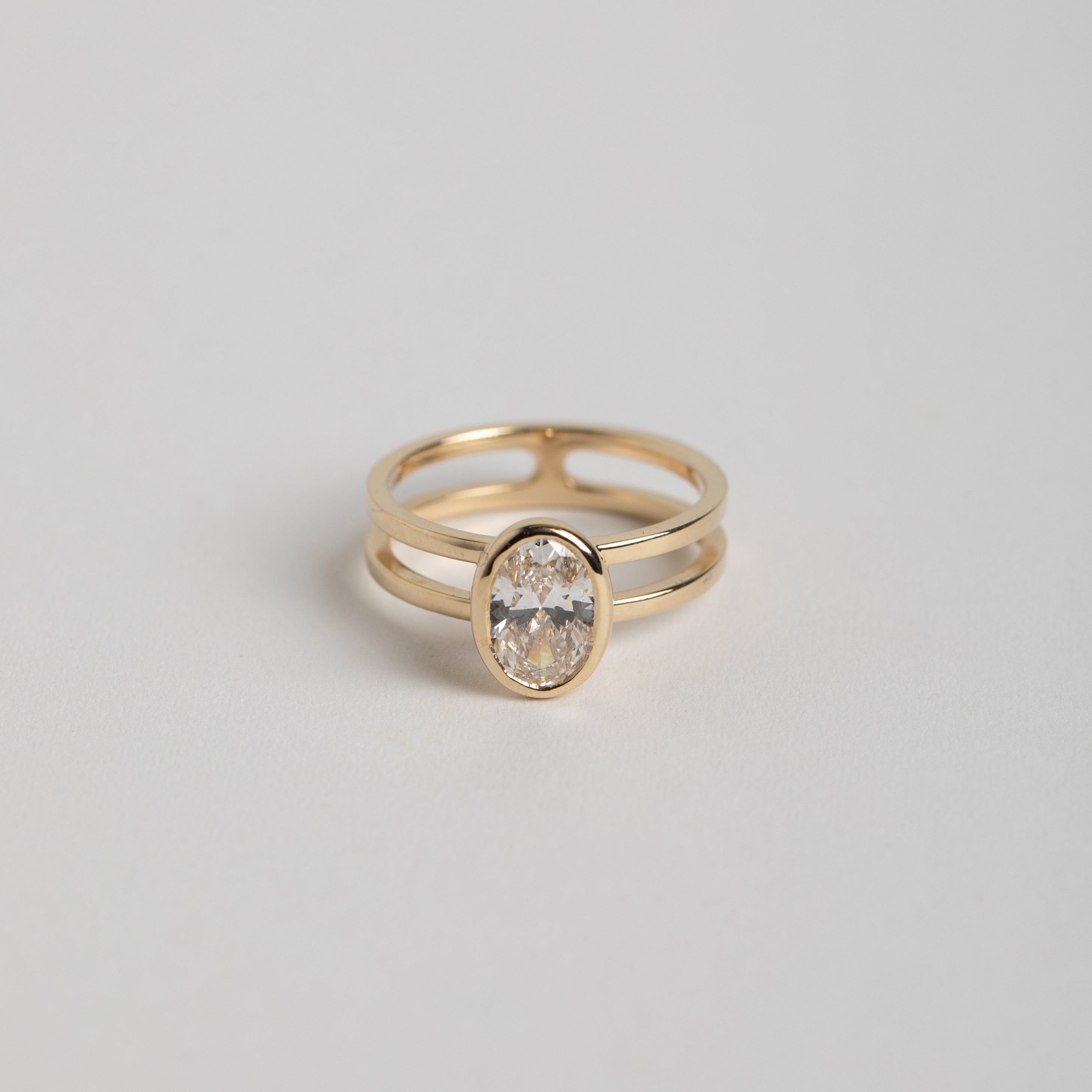 Designer Benu Ring in 14k gold set with a G VS1 1.17ct lab-created diamond made in NYC by SHW fine Jewelry