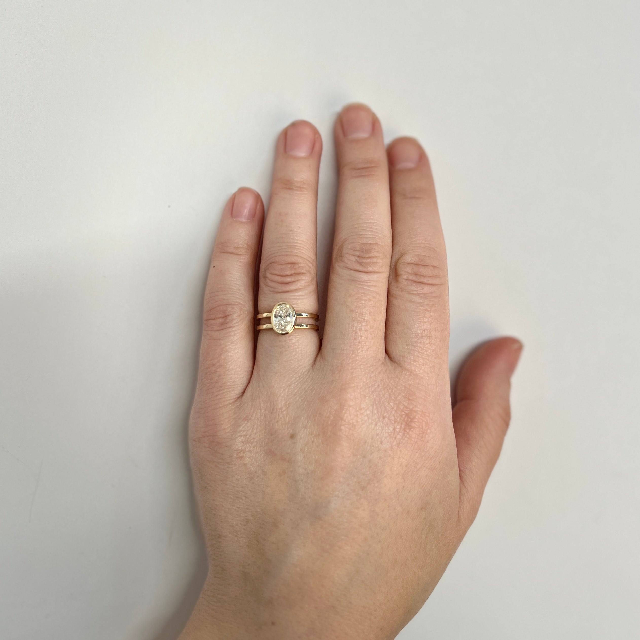 Unusual Benu Ring in sustainable 14 karat yellow gold set with a G VS1 1.17ct lab-created diamond made in NYC by SHW fine Jewelry