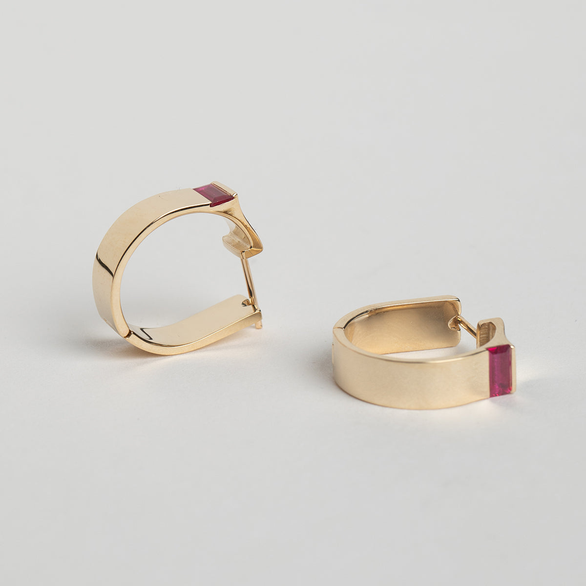 Minimalistic Braga Hoop Earrings 14k yellow gold  with precious ruby gemstones by SHW Fine Jewelry Made in New York City Sustainably