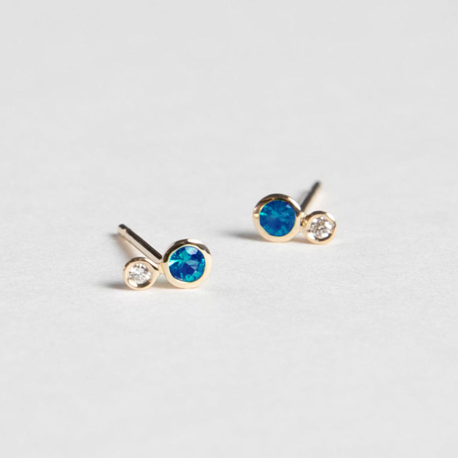 Unique designer 14k yellow gold stud earrings set with topaz and white diamonds made in New York City by SHW FIne Jewelry