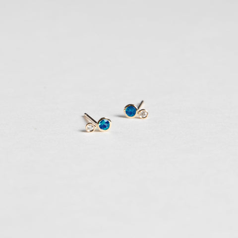 Alternative designer 14k yellow gold stud earrings set with topaz and white diamonds made in NYC by SHW FIne Jewelry
