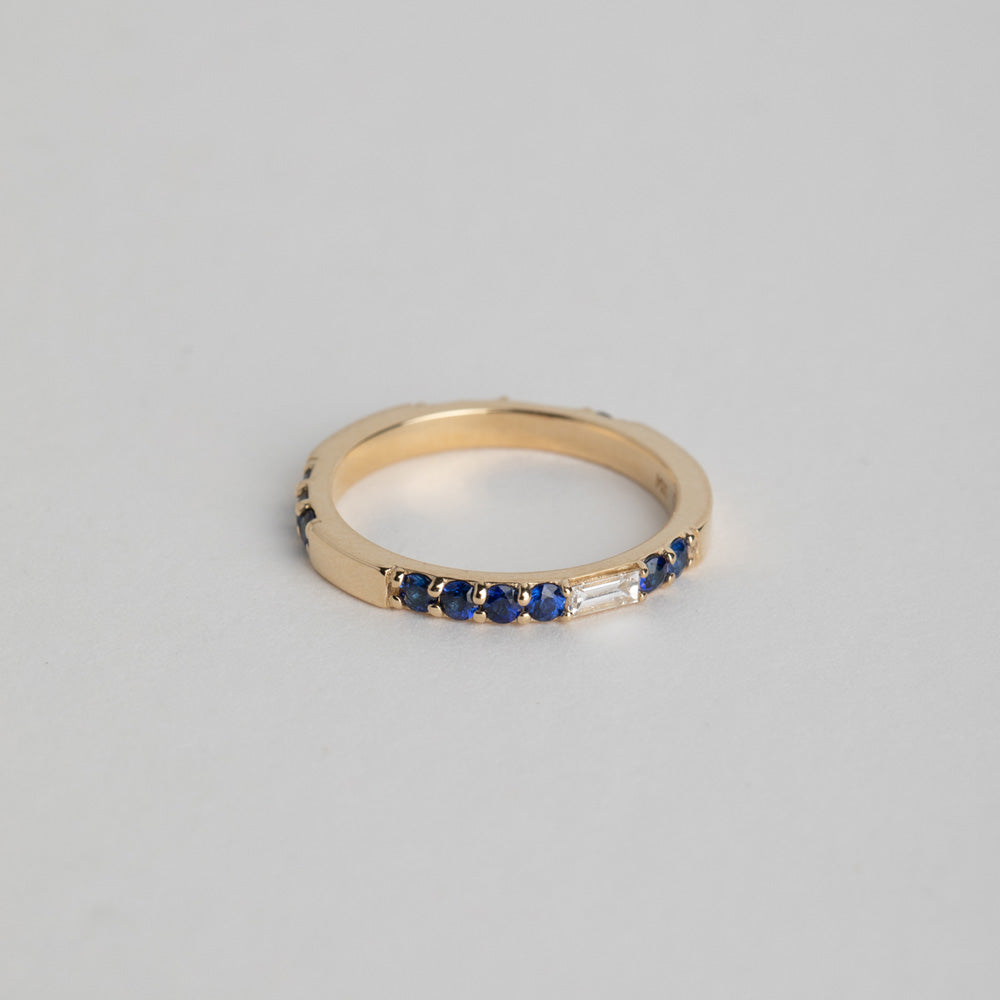 Designer Lesu Ring with 14 karat yellow gold set with sapphires and diamonds made in NYC by SHW fine Jewelry