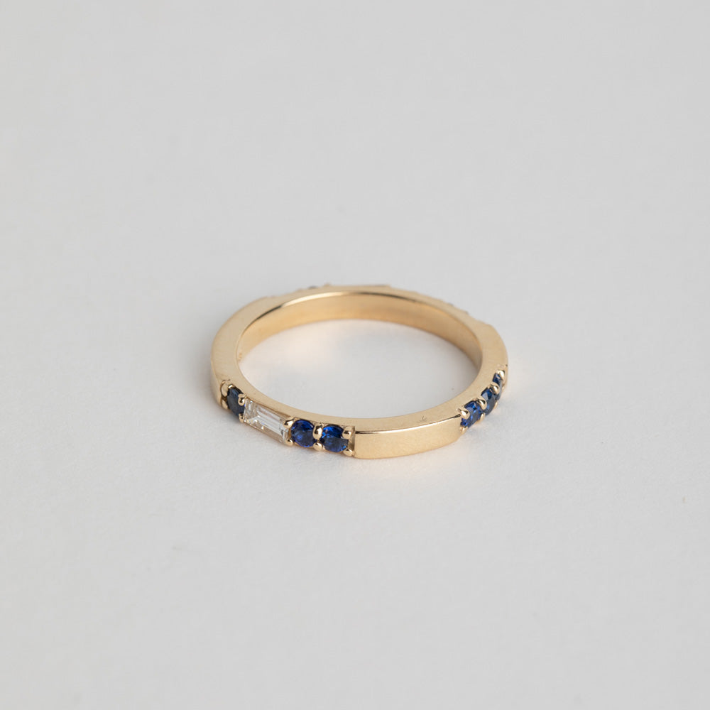 Cool Lesu Ring with recycled 14k yellow gold set with sapphires and diamonds made in NYC by SHW fine Jewelry