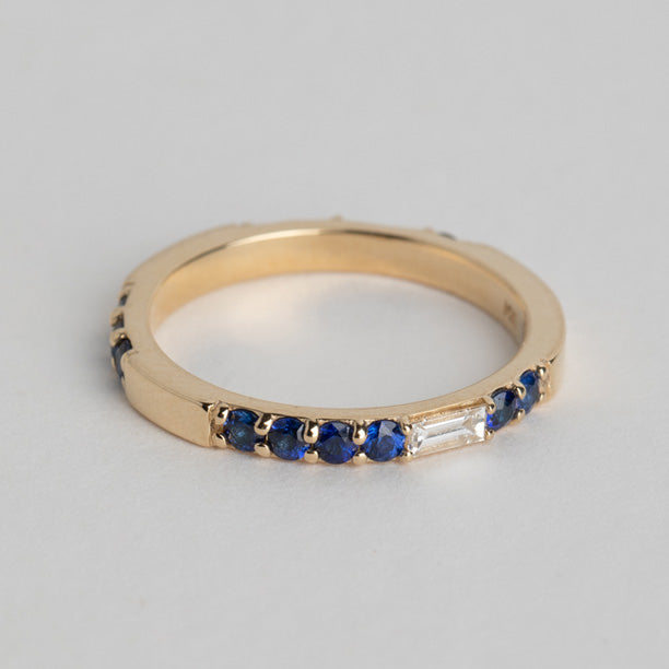 Alternative Lesu Ring with 14 karat yellow gold set with sapphires and diamonds made in NYC by SHW fine Jewelry