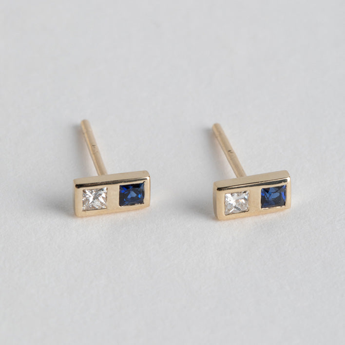 Handmade Natu Earrings made with 14 karat yellow set with diamond and sapphire made in New York City by SHW fine Jewelry