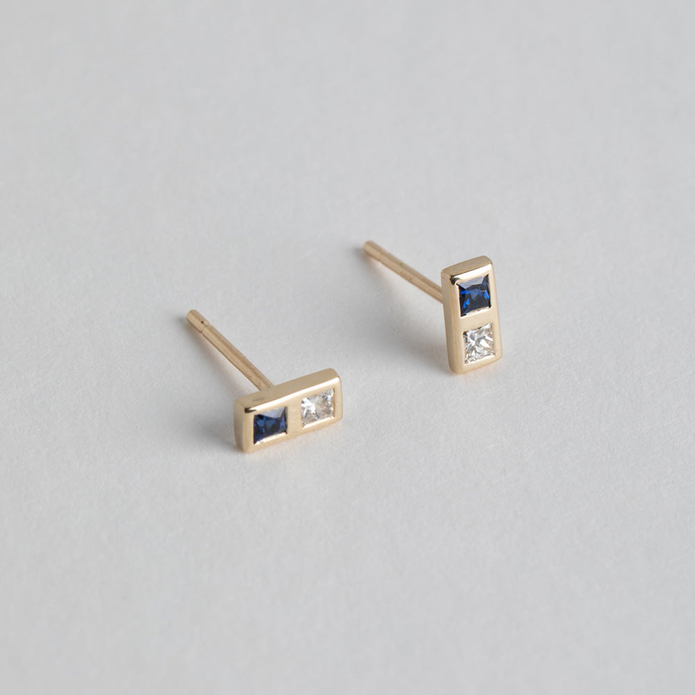 Delicate Natu Earrings made with 14 karat yellow set with ethical diamond and sapphire made in NYC by SHW fine Jewelry