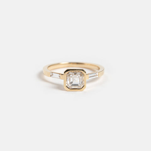 Aida Unique Ring in 14k Gold set with a square cut lab-grown diamond and two baguette cute lab-grown diamonds By SHW Fine Jewelry NYC