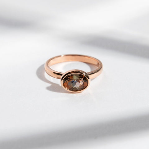 Minimalist Domed Band Engagement Ring with East West Andalusite Colorful Gemstone in 14 karat rose gold by SHW fine jewelry store in NYC NJ