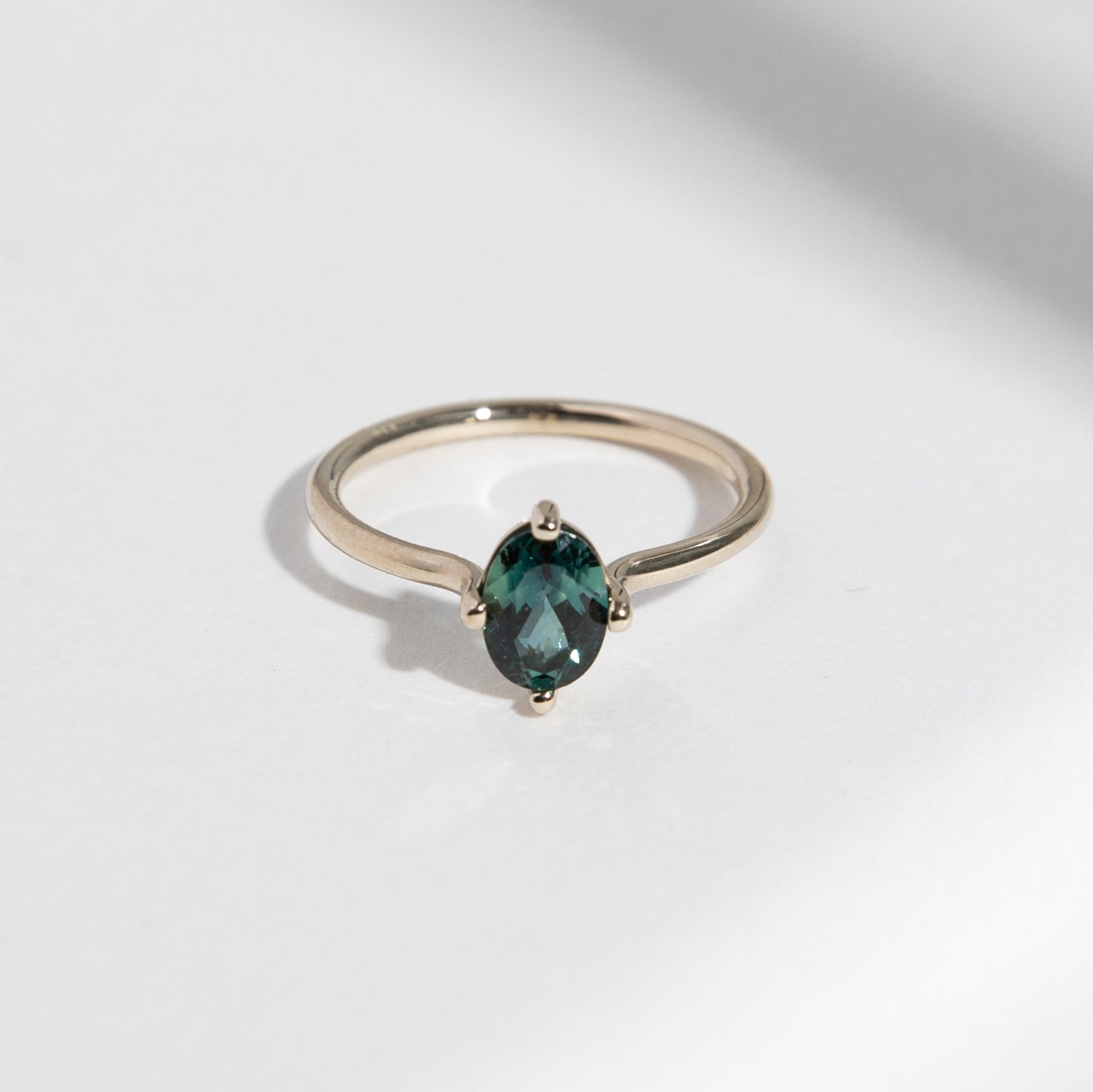Veli Delicate Ring in 14k White Gold set with a 1ct oval cut green sapphire By SHW Fine Jewelry NYC